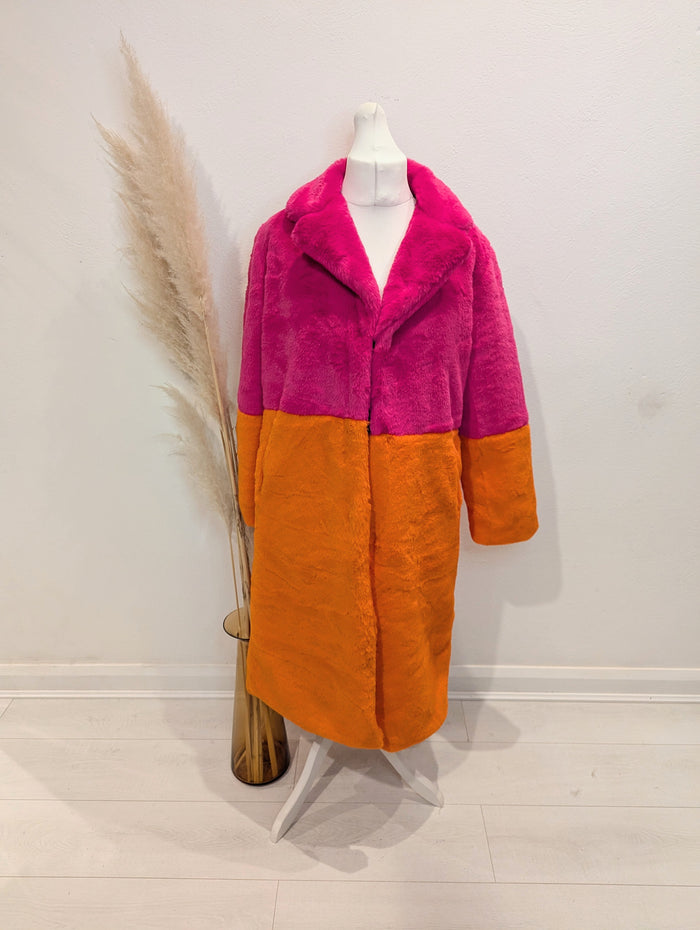 Laseti Pink/Orange fur coat 12/14 NWT