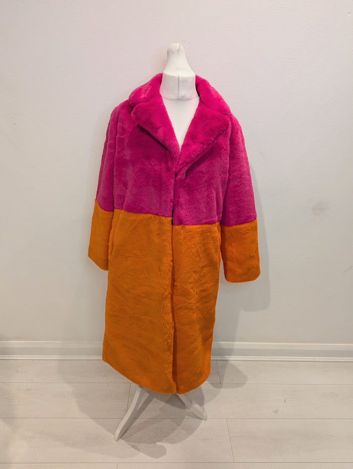 Laseti Pink/Orange fur coat 12/14 NWT