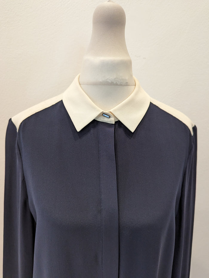LK Bennett Navy/Cream long  Silk Shirt 8