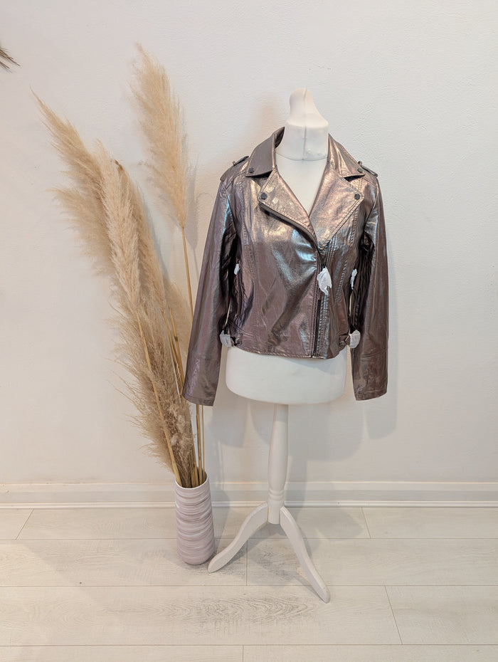 Love & Roses metallic biker jacket NWT 12