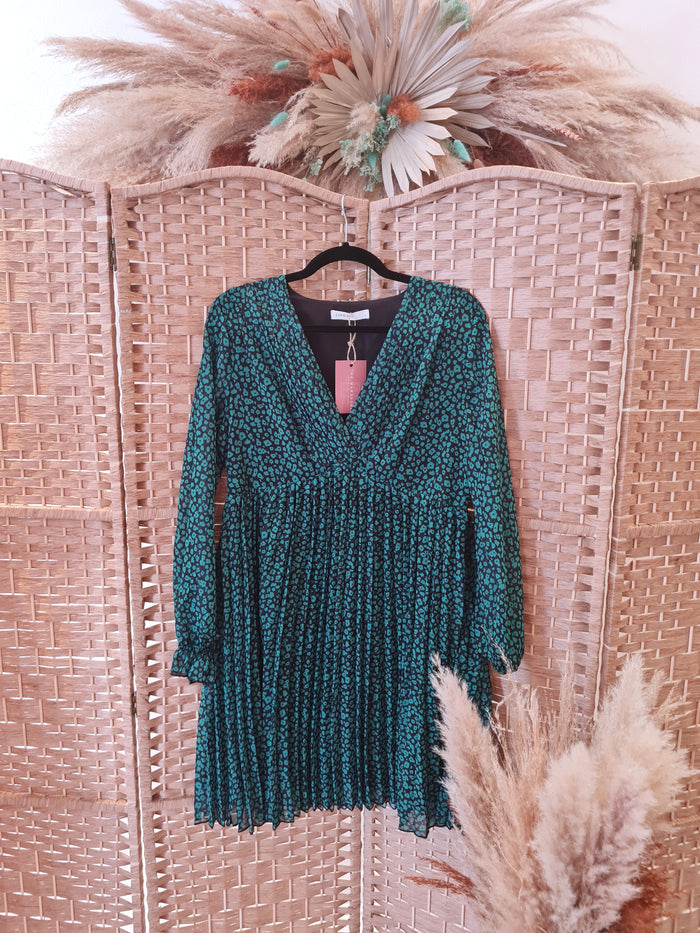 Lovie & Co Green & Black Pleated Dress Size L