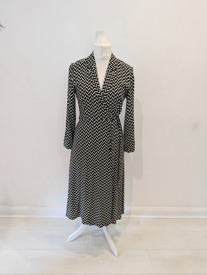 Mango Black Cream Geo wrap Dress M