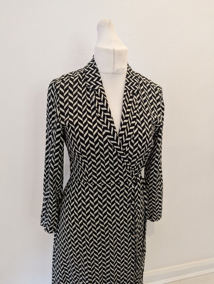Mango Black Cream Geo wrap Dress M