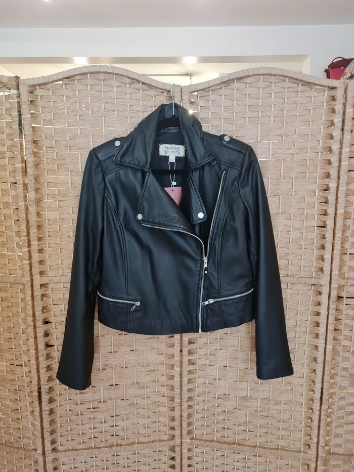 Mango Black Leather Biker Jacket M
