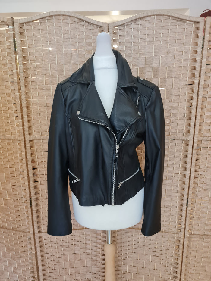 Mango Black Leather Biker Jacket M