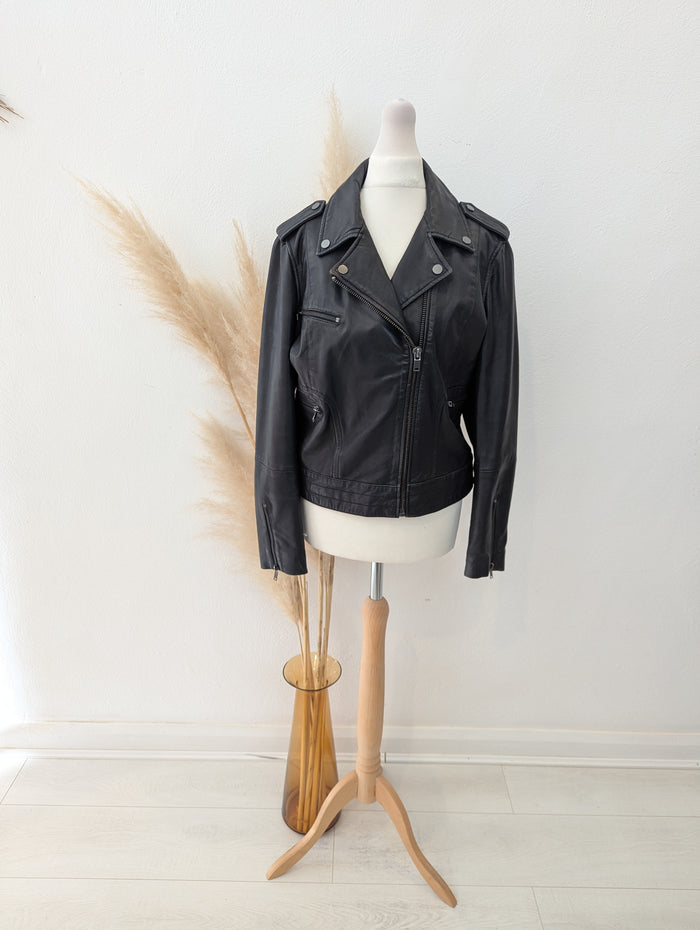 Mango Black Leather Biker Jacket M