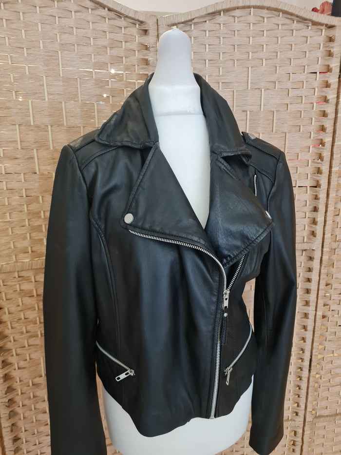 Mango Black Leather Biker Jacket M