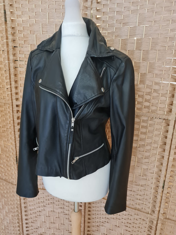 Mango Black Leather Biker Jacket M