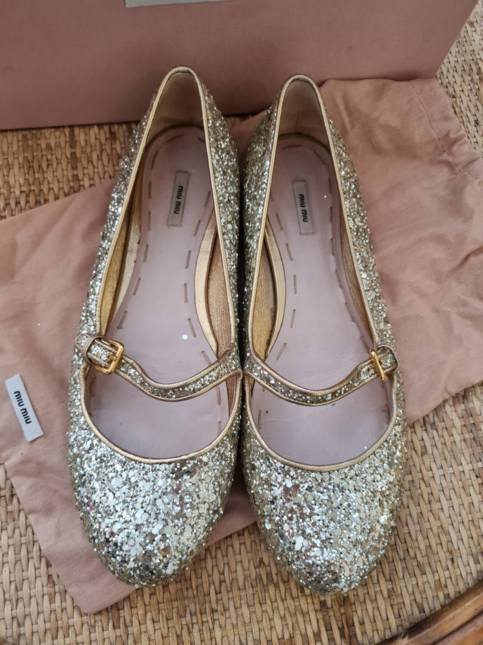 Miu Miu Gold Glitter Pumps Size 4.5