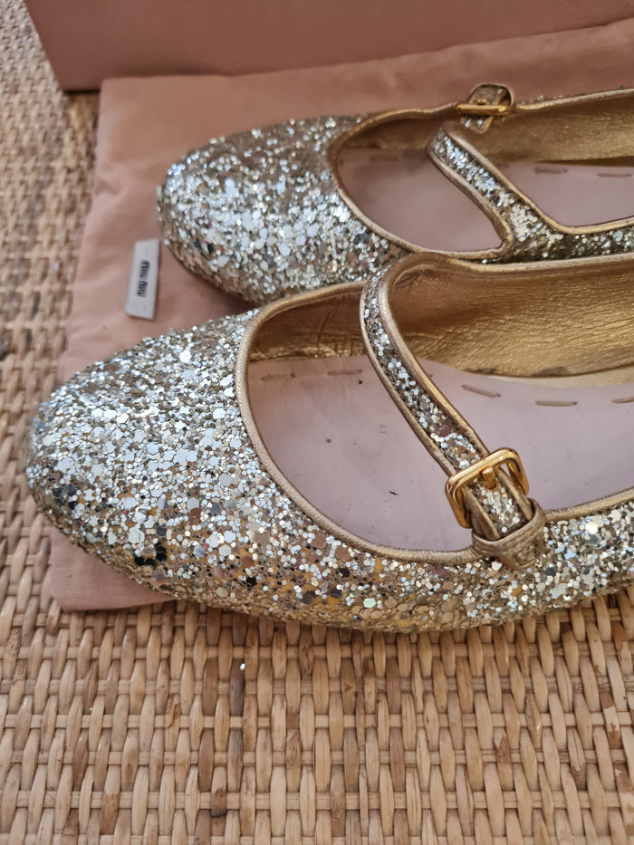 Miu Miu Gold Glitter Pumps Size 4.5