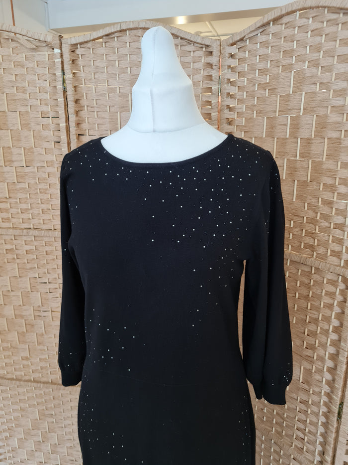 Monsoon Black Diamante Wool Dress Large