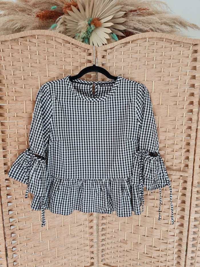 M&S Limited Edition Black/White Check Peplum Top Size 8