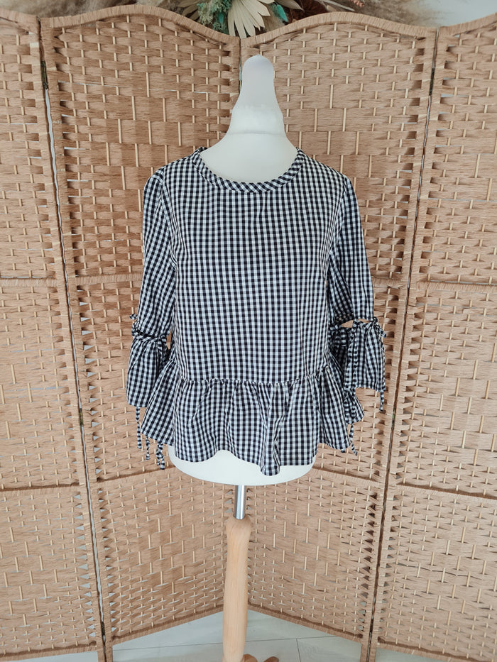 M&S Limited Edition Black/White Check Peplum Top Size 8