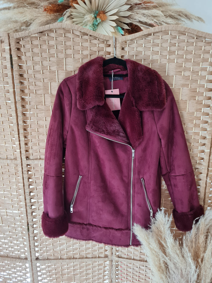M&S Maroon fur lined Biker Jacket 10