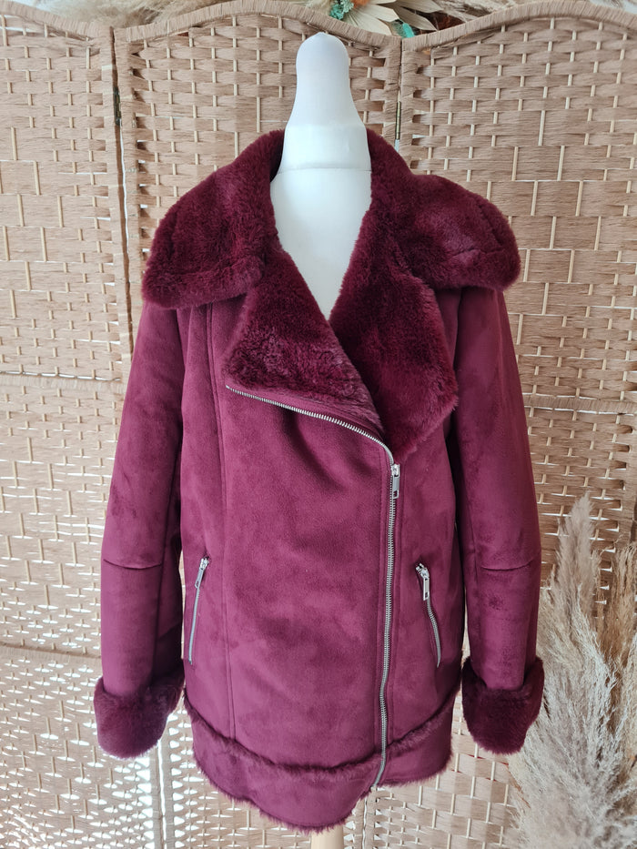 M&S Maroon fur lined Biker Jacket 10