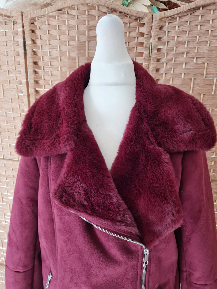 M&S Maroon fur lined Biker Jacket 10
