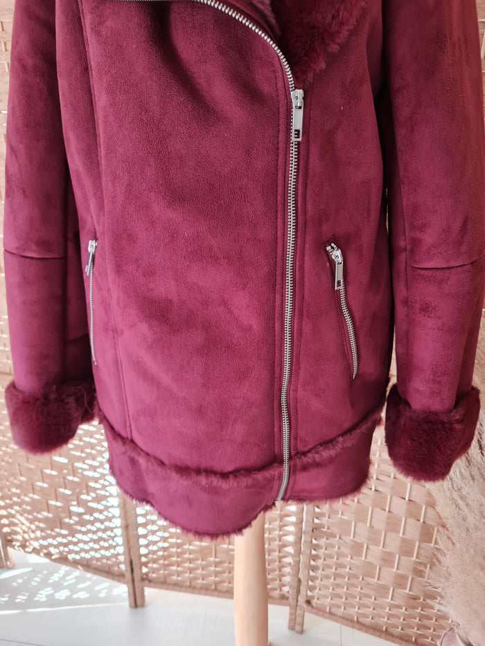M&S Maroon fur lined Biker Jacket 10