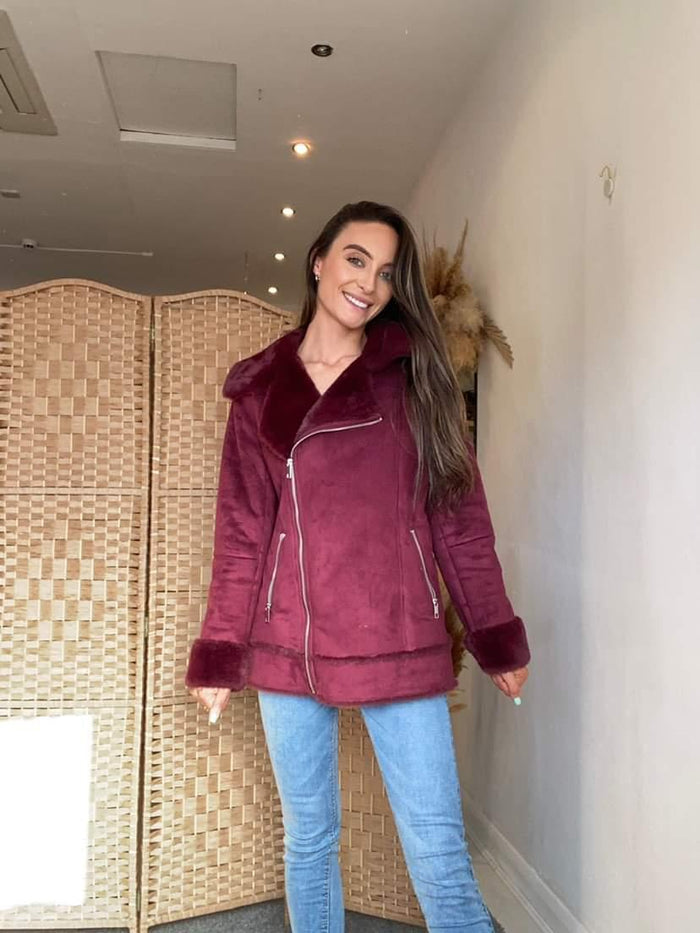 M&S Maroon fur lined Biker Jacket 10