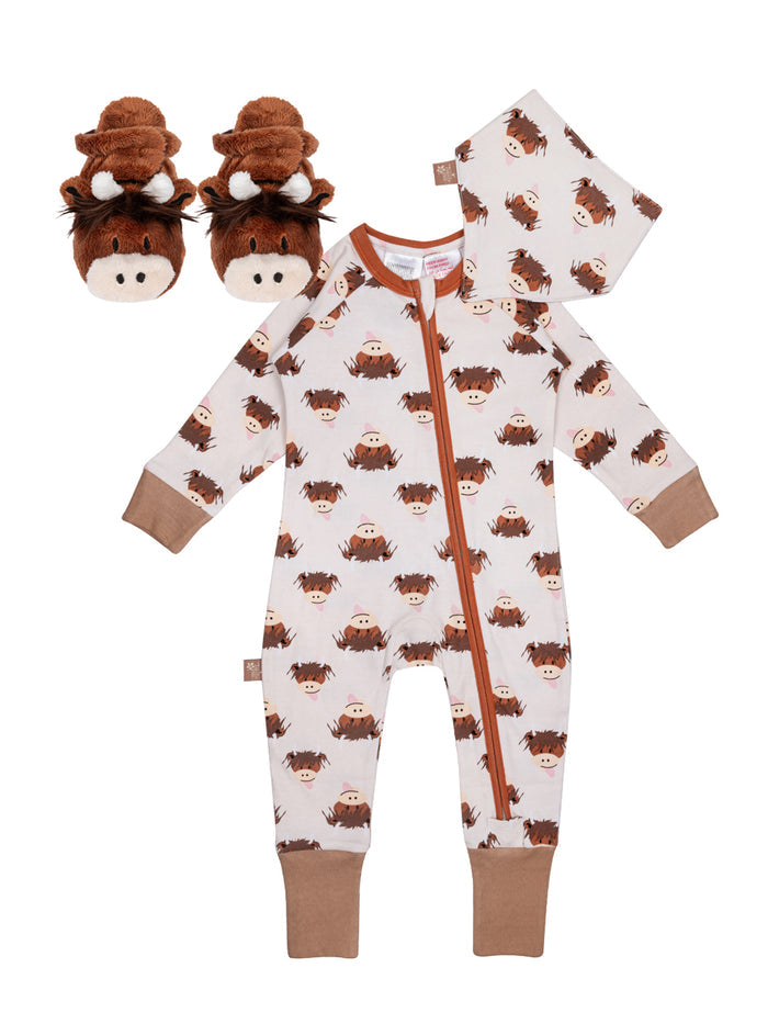 Neutral Highland Cow Romper & Booties Gifting Set