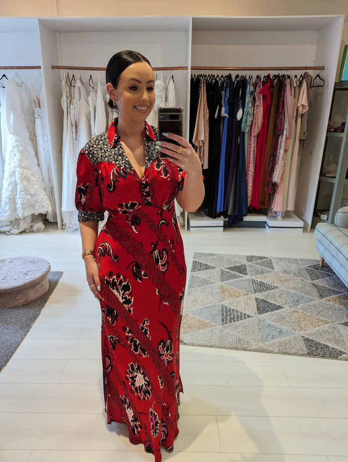 Next red floral silk effect maxi 14