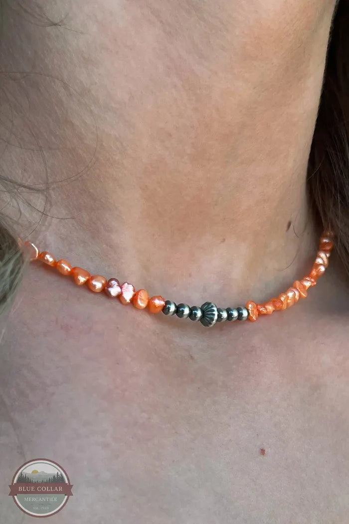 Navajo Pearls And Light Orange Fresh Water Pearls Necklace