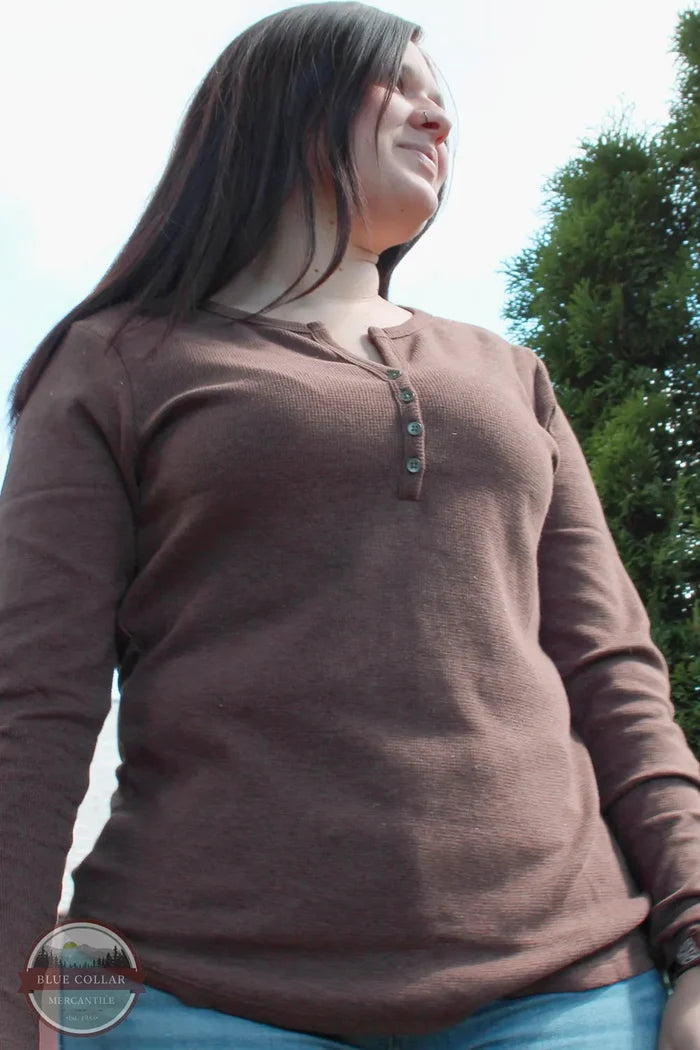 North River Apparel NRL2556 Ladies Mini Waffle Notch Henley Shirt Earth Brown Color view
