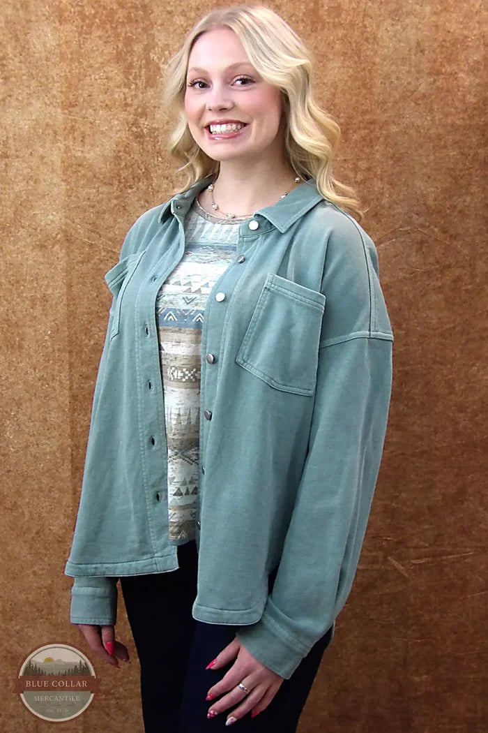 North River Apparel NRL2615 Plymouth French Terry Oversized Button Down Shirt in Iceberg Green front view