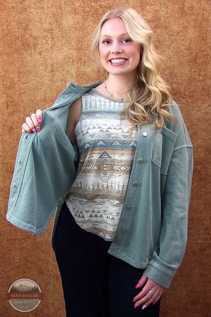 North River Apparel NRL2615 Plymouth French Terry Oversized Button Down Shirt in Iceberg Green showing tank top underneath