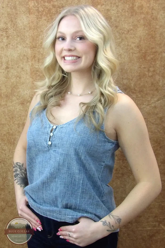 North River Apparel NRL5112-CHAMB Bimini Sleeveless Woven Henley Top Front View In Chambry Blue