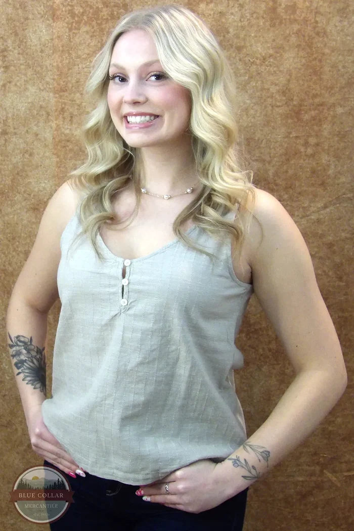 North River Apparel NRL5112-PLZTP Bimini Sleeveless Woven Henley Top Front View in Taupe