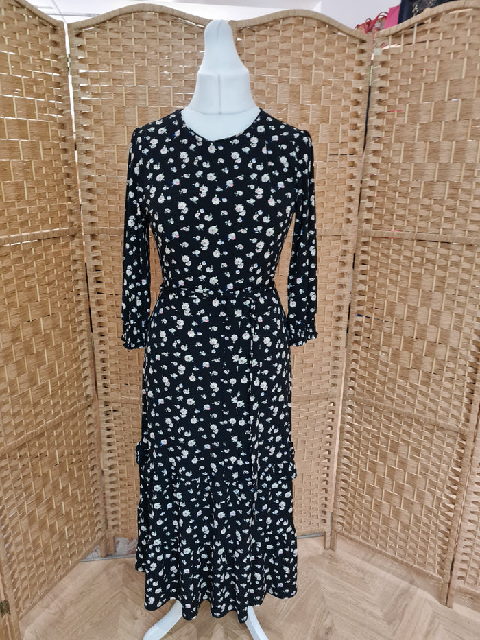 Oasis black/floral ruffle hem dress M RRP£48
