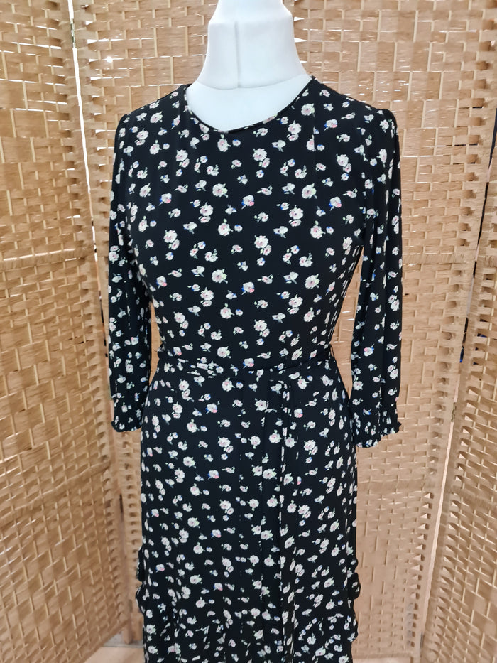 Oasis black/floral ruffle hem dress M RRP£48