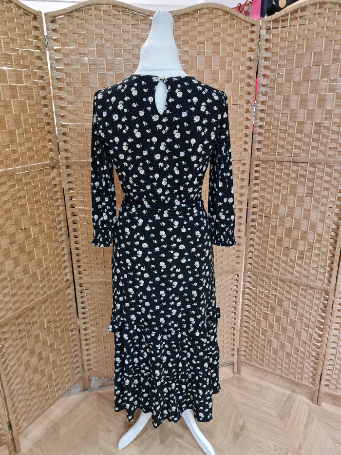 Oasis black/floral ruffle hem dress M RRP£48