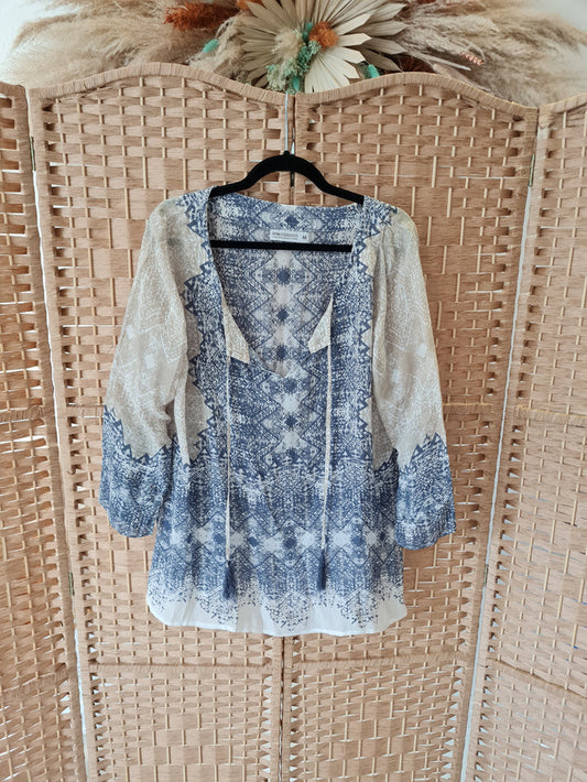 One Season Blue/Cream Sheer Top Medium
