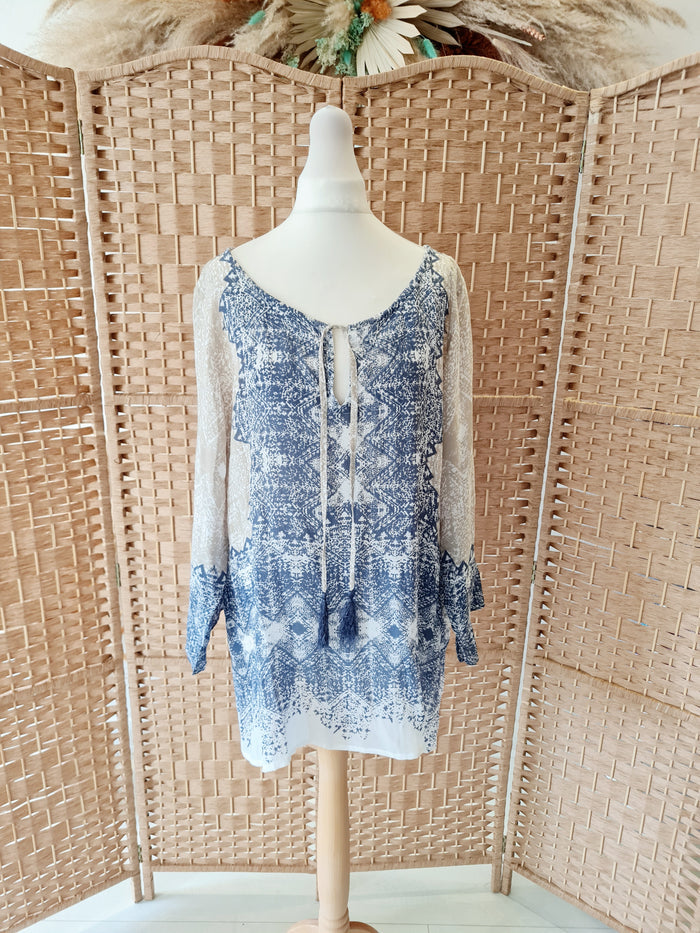 One Season Blue/Cream Sheer Top Medium