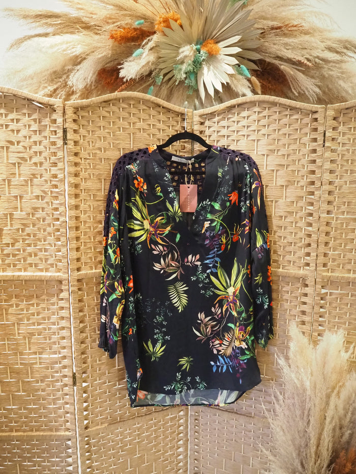 Oui Navy Floral Dipped Hem Tunic Size 14