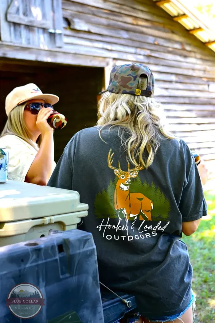 Big Buck Hunter in Pepper Grey - Short Sleeve Pocket T-Shirt by Hooked &amp; Loaded Outdoors, LLC lifestyle image of girls sitting on truck bed in t-shirt