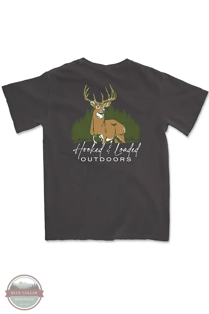 Big Buck Hunter in Pepper Grey - Short Sleeve Pocket T-Shirt by Hooked &amp; Loaded Outdoors, LLC back imprint view
