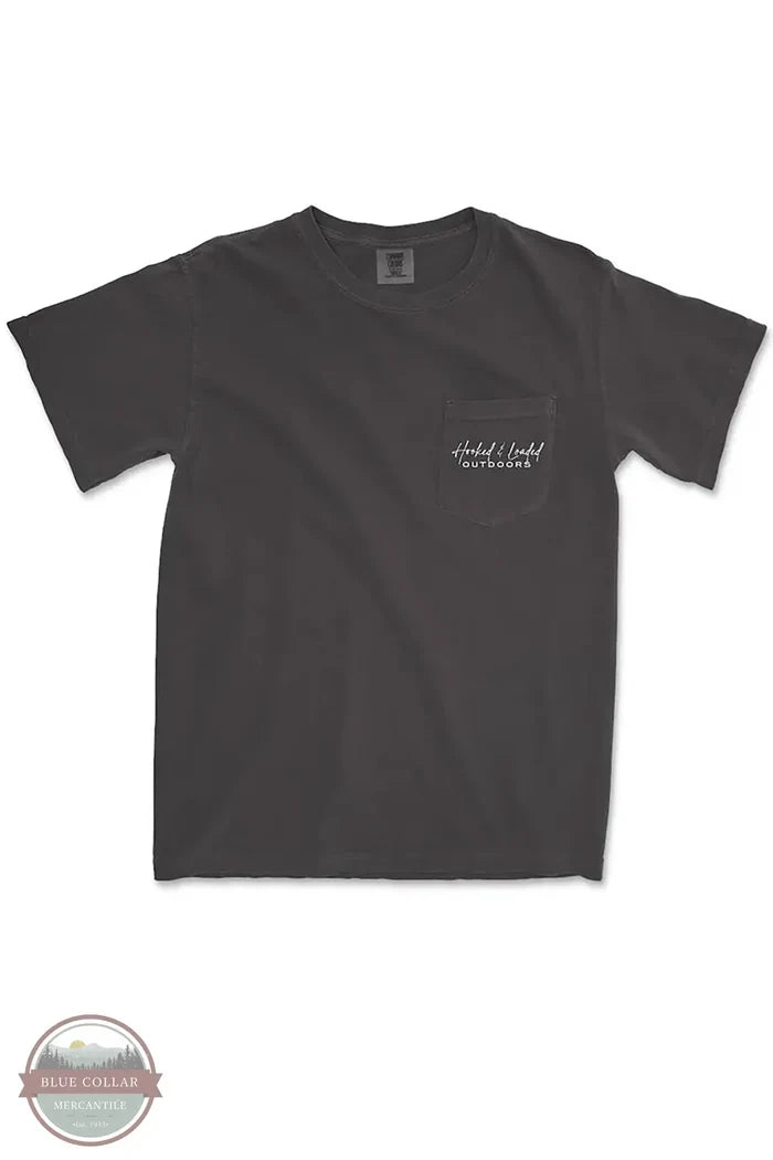 Big Buck Hunter in Pepper Grey - Short Sleeve Pocket T-Shirt by Hooked &amp; Loaded Outdoors, LLC front pocket view