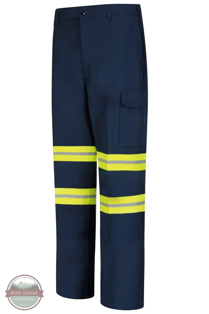 Red Kap PT88EN Men's Enhanced Visibility Industrial Cargo Pant in Navy with Hi-vis Stripe front view