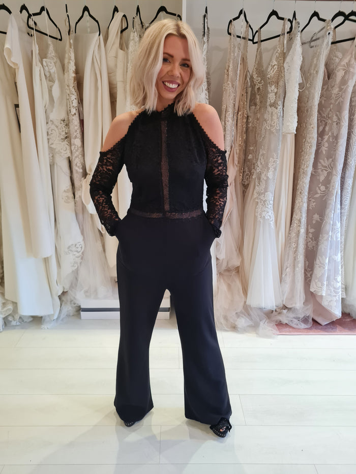 QED London black lace sleeve jumpsuit M