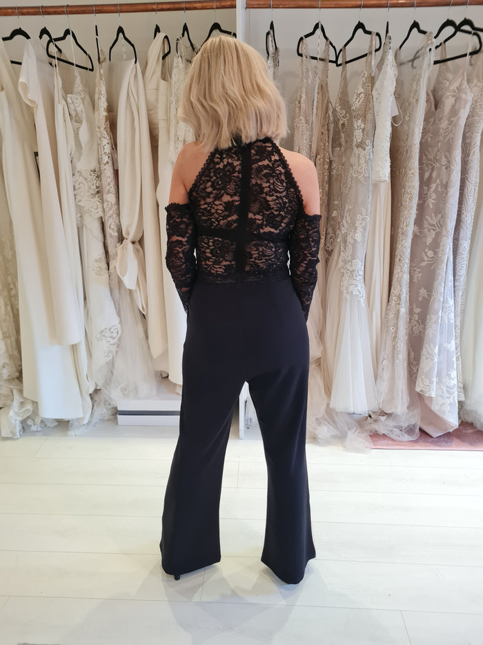 QED London black lace sleeve jumpsuit M