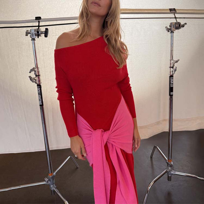 Red and Pink Afia Midi Dress in a soft knit with an off-the-shoulder neckline and contrast wrap tie.