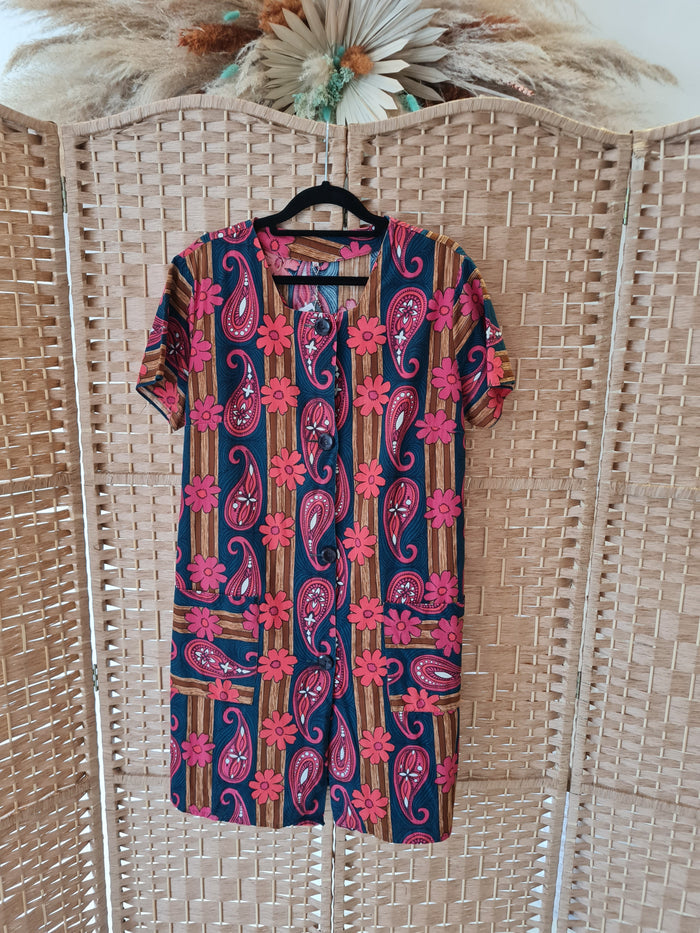Red Paisley and Daisy - Print Dress with buttons