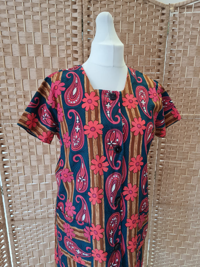 Red Paisley and Daisy - Print Dress with buttons