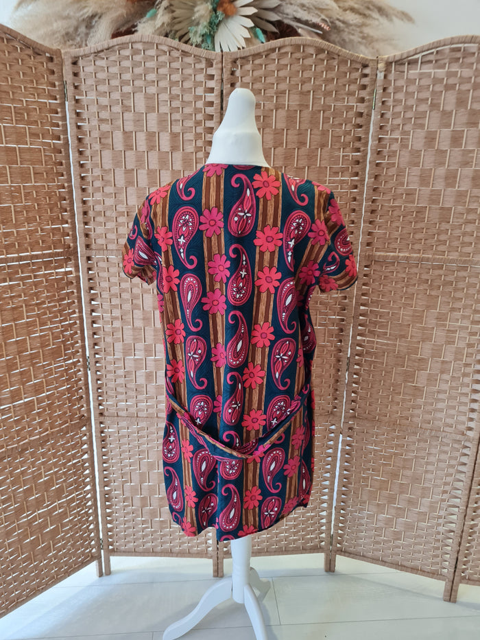 Red Paisley and Daisy - Print Dress with buttons