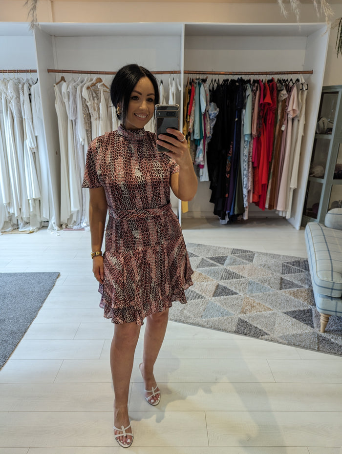 Reiss Pink Mix High Neck Mini Dress Size 12