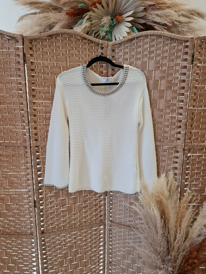 Rick Cardona Cream Embellished Neck Jumper Size 10