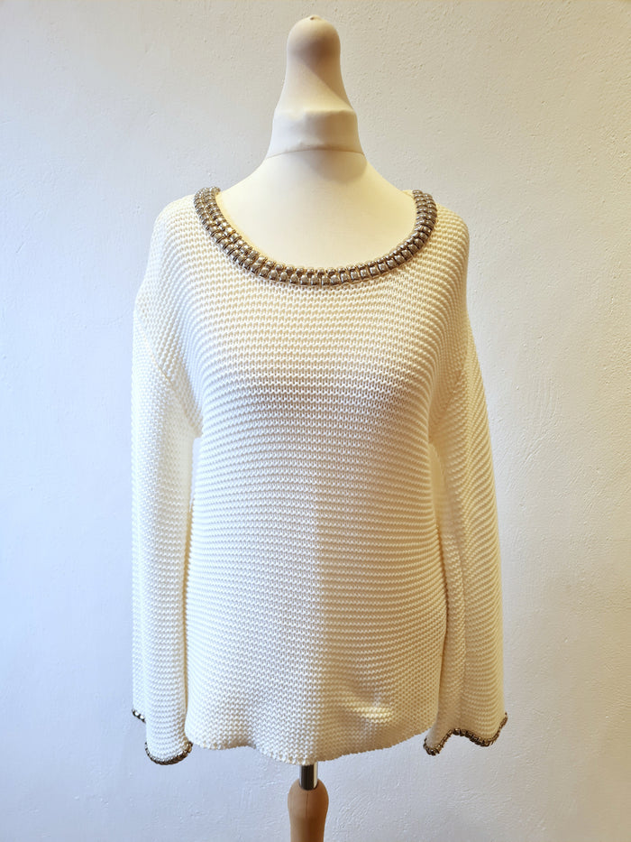 Rick Cardona Cream Embellished Neck Jumper Size 10
