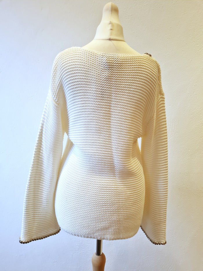 Rick Cardona Cream Embellished Neck Jumper Size 10